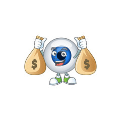 Blissful rich human eye ball cartoon character having money bags