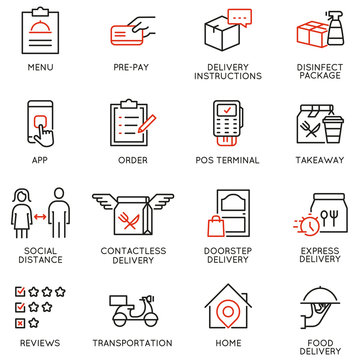 Vector Set Of Linear Icons Related To Contactless Delivery Process. Mono Line Pictograms And Infographics Design Elements