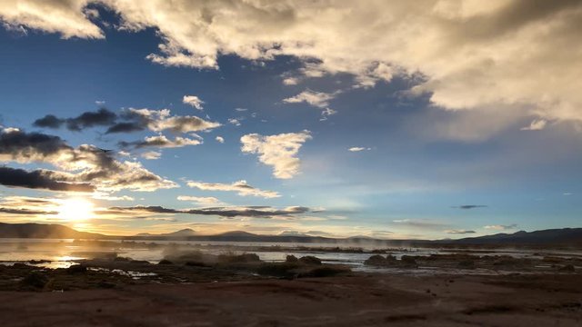 Shot fo a sunrise in the Reserva Nacional de Fauna Andina Eduardo Abaroa, in Bolivia. Awesome sunrise view in a natural park in south america. Sunrise from the Polques hot springs.