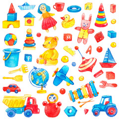 Kids toys collection set, colorful icons; teddy bear, doll, truck, balls, bricks, car, globe, airplane, yellow duck. Watercolor illustration isolated on white background.