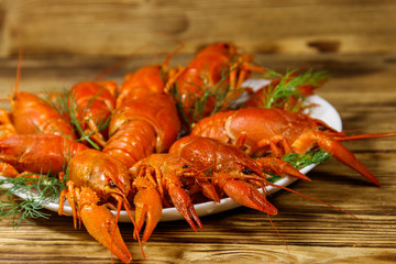 Boiled crayfish in plate on wooden table