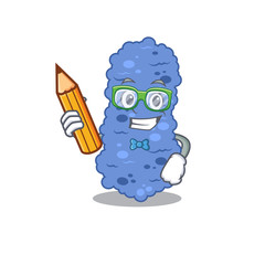 A brainy student burkholderia bacteria cartoon character with pencil and glasses
