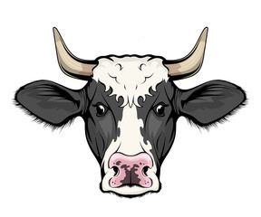 Cow. Cattle. Farm animal. Figure of a cow with horns - farming emblem sketch tattoo, mascot, logo, t-shirt or hunter club symbol. Milch cow. Domestic animal.