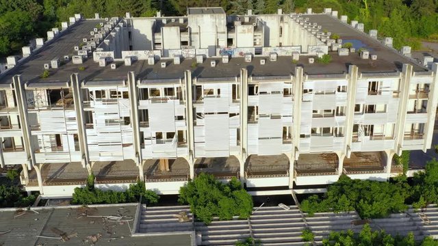 disintegrating facade and building Haludovo Palace Hotel Krk, Croatia. Aerial