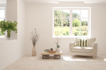 White living room with armchair and green landscape in window. Scandinavian interior design. 3D illustration