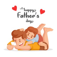 Happy father's day. family pastime concept. Father and son watching video on hand phones gadget. a boy on the body of his father vector illustration.