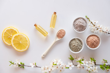 Natural ingredients for homemade facial and body mask or scrub. Spa and bodycare concept.