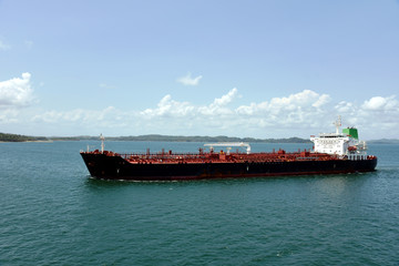 Close view on the tanker ship transiting through Panama Canal on her international trade route. 