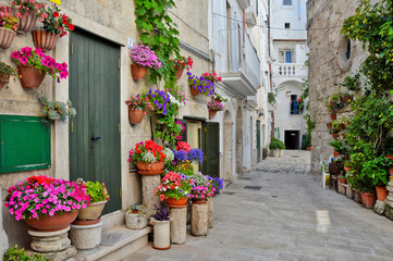 Fototapeta na wymiar A narrow street in the old town of Monopoli in the Puglia region, Italy.