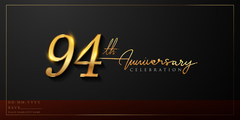 94th anniversary celebration logotype with handwriting golden color elegant design isolated on black background. vector anniversary for celebration, invitation card, and greeting card
