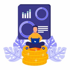 Vector illustration of business, office worker sitting on a pile of coins studying infographics, evolutionary scale analysis.