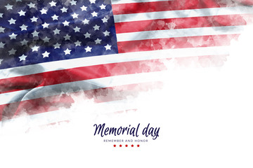 Memorial Day background illustration. text Memorial Day, remember and honor with America flag watercolor painting isolated on white background, vintage grunge style - obrazy, fototapety, plakaty