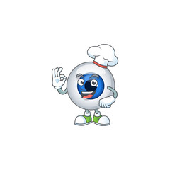 Human eye ball cartoon design style proudly wearing white chef hat