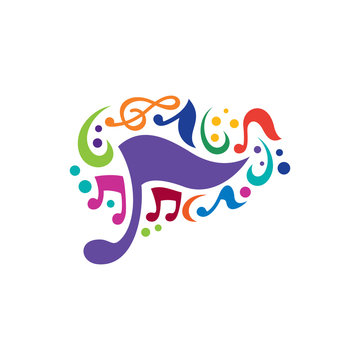 Music brain vector logo icon illustration. Colorful music note design template. Sound recording studio, party, school of music, disco, vocal course, composer, singer