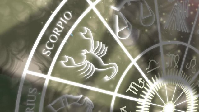 Scorpio zodiac sign. 4K animation of the Scorpio symbol and star sign appearing on a slowly spinning zodiac wheel. 4K zodiac wheel background.