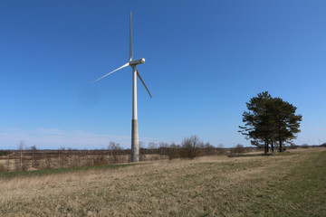 Fototapeta premium A wind turbine rotates against a blue sky.