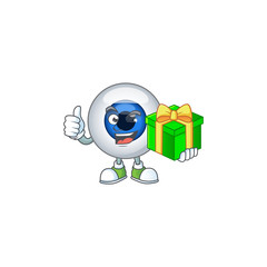 Smiley human eye ball cartoon character holding a gift box