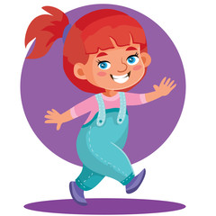 little girl with red hair gathered in a ponytail merrily steps somewhere, isolated object on a white background, vector illustration,