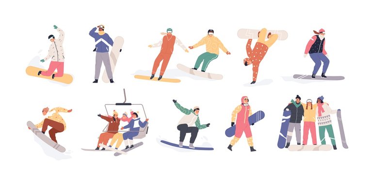 Collection of snowboarders isolated on white background. Extreme winter mountain activity. Set of people wearing outfit riding snowboard. Vector illustration in flat cartoon style