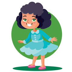 little girl in a beautiful dress stands with arms apart, isolated object on a white background, vector illustration,