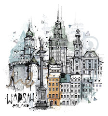 Handgezeichnete Warschau Skizze auf einer Ebene reduziert - obrazy, fototapety, plakaty