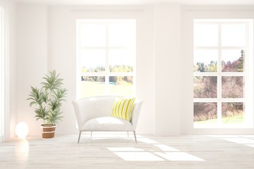 White living room with armchair. Scandinavian interior design. 3D illustration