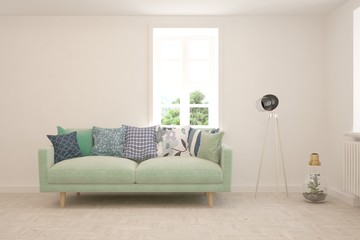 White living room with sofa. Scandinavian interior design. 3D illustration