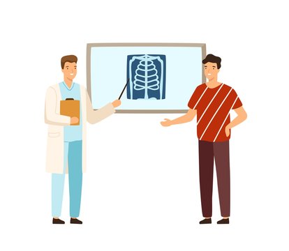 Cartoon male doctor analyzing x ray image of guy patient vector flat illustration. Orthopedist consultation man pointing on human spinal skeleton isolated on white. Medical examination at clinic