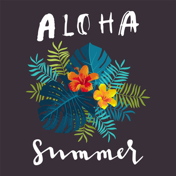 Aloha Summer bouquet, monstera leaves, hibiscus flowers, lettering. Bright jungle composition. Vivid optimistic juicy colors. Exotic tropical floral calligraphy backdrop. Botanical background