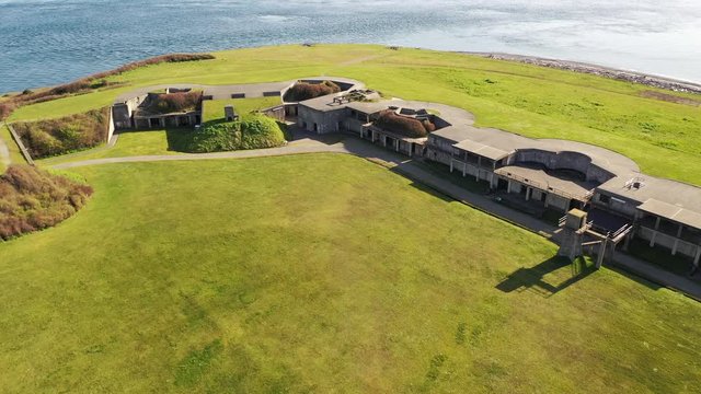 Aerial / drone footage of Fort Casey State Park, gun batteries on Whidbey Island near Seattle, Washington during the COVID-19 pandemic closure