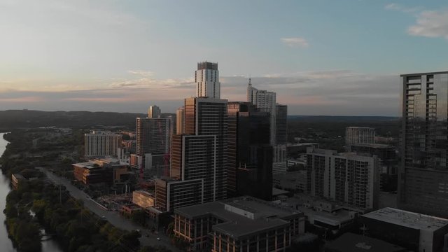 Aerial Drone Shot of Downtown Austin Texas, showing new buildings being constructed. During the Covid-19 Pandemic.