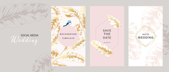 Social Media Wedding invite frame templates. Vector background. Mockup for social media banner. mobile Floral golden collage layout design.