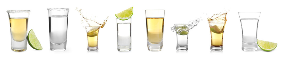 Set of different Mexican Tequila shots on white background. Banner design
