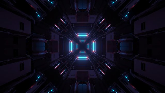 flight into futuristic 3D mechanic tunnel for music videos, night clubs, audiovisual show 