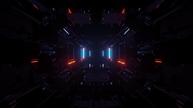 slow motion into a endless mechanic 3d tunnel with orange lights and darkness