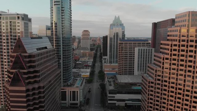 Aerial Drone shot of the Capital city of Texas, slowly panning down on congress St. During the Covid-19 Pandemic.