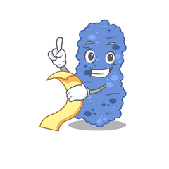 Burkholderia bacteria mascot character design with a menu on his hand
