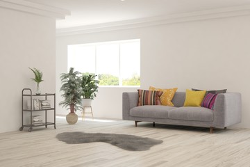 White living room with sofa. Scandinavian interior design. 3D illustration