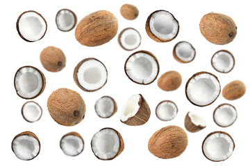 Set with ripe coconuts on white background, top view