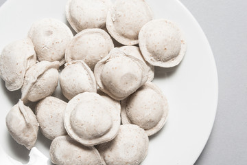 Frozen dumplings with turkey meat in porcelain plate
