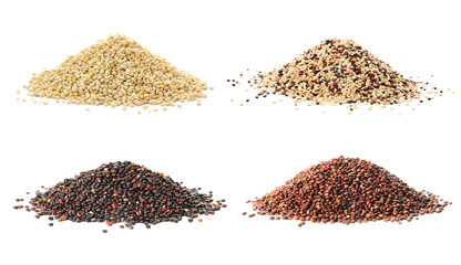 Set with different types of quinoa on white background