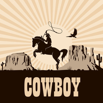 western cowboy silhouette with lasso on horse illustration with mountains