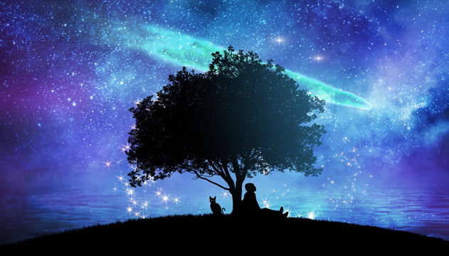 Girl watching the stars in night sky fantasy landscape illustration