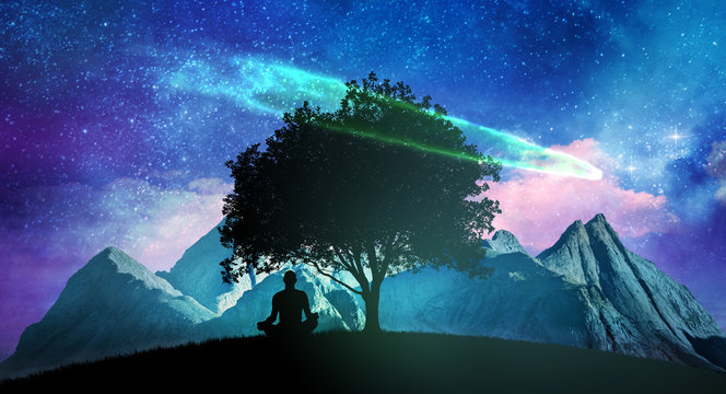 Yoga cosmic space meditation illustration, silhouette of man practicing in mountains at night