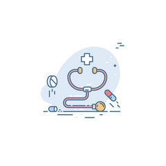 Stethoscope icon with medical cross simulas and pills. Conceptual illustration of emergency medical care