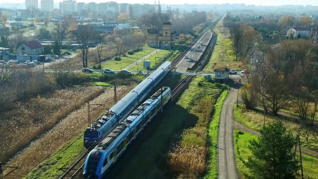 Passenger Train Passing Another Train - Aerial Shot