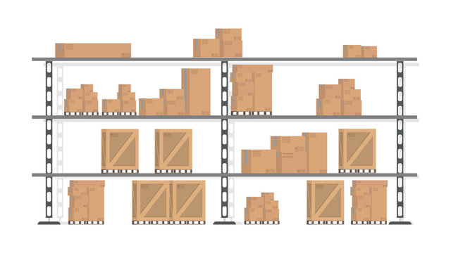 Rack with boxes. Boxes for transporting cargo. Element for the design of warehouses, delivery and transportation of goods. Isolated. Vector.