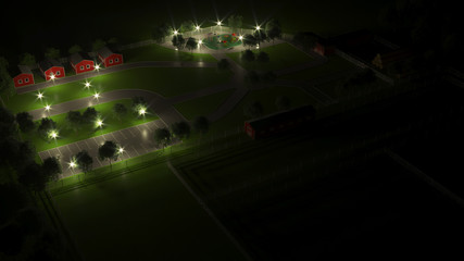Fototapeta na wymiar Farm with red wooden buildings, parking for cars, children's playground. Night. Evening lighting. 3D rendering.