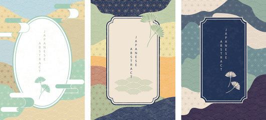 Oriental Japanese style abstract pattern background design geometry wave move retro frame and plant flower icon