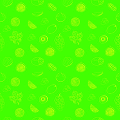 Seamless pattern of fruit figs, grapefruit, grapes, kiwi, mango and slices, vector illustration, hand drawing, green and yellow color